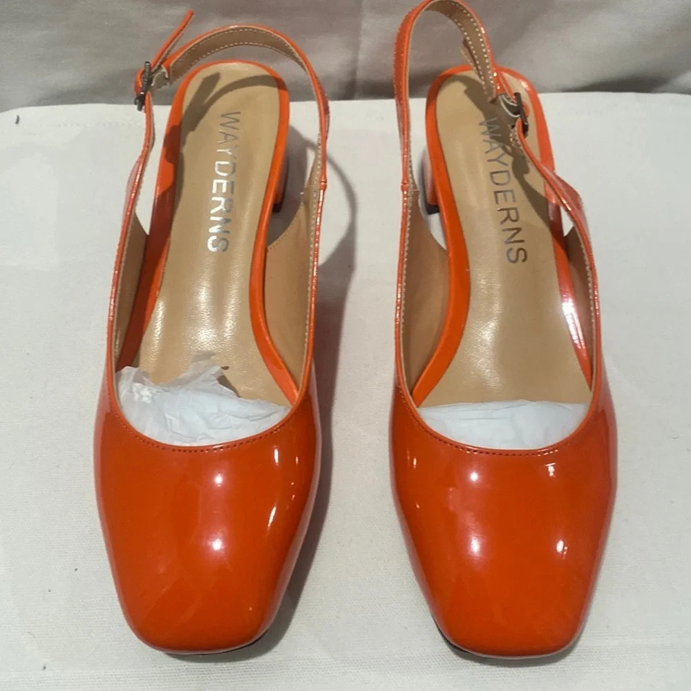 WAYDERNS Women's Ankle Strap Square Toe Slingback Patent Leather Chunky Low Heel